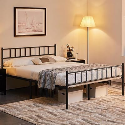 Metalen Bedframe met Hoofdeinde en Lattenbodem voor Slapen en Opslag - Zwart