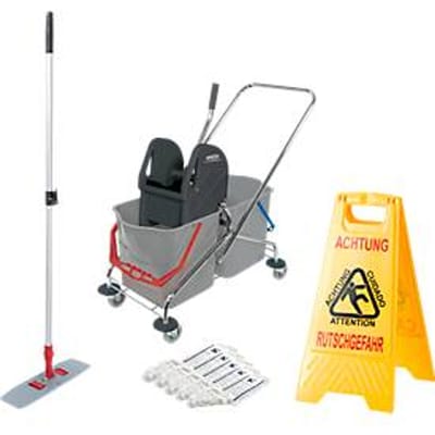 Complete set dubbele rolemmer en gratis waarschuwingsbord "gevaar voor uitglijden”, 2 x emmer van 27 liter