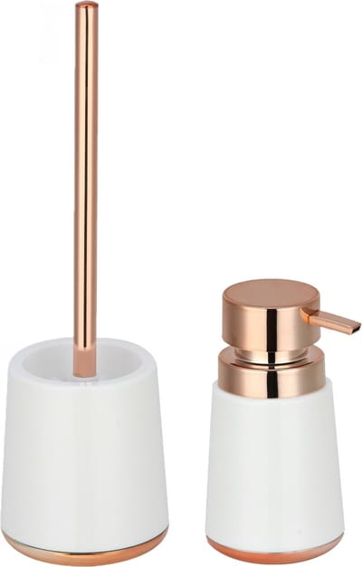 MSV Toiletborstel in houder 38 cm/zeeppompje 260 ml badkamer set Coruna - kunststof - wit/koper