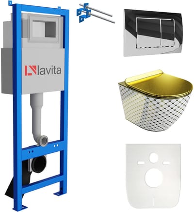LAVITA® Inbouwreservoir Complete Toiletset LAV 101 - Inbouw WC Hangtoilet Wandcloset SOFI SLIM CHECKED GOLD - Bedieningsplaat 200.1.2 Chroom - Voorwandelement voor toilet 40cm - Installatiesysteem