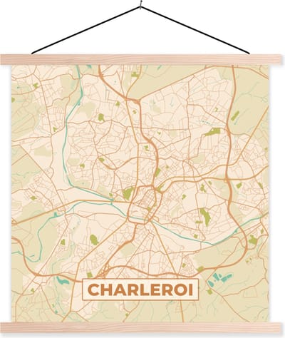 Posterhanger incl. Poster 40x40 cm - Schoolplaat - Plattegrond - Stadskaart - Vintage - Charleroi - Kaart - Textielposter - Blanke latten - Stadskaart