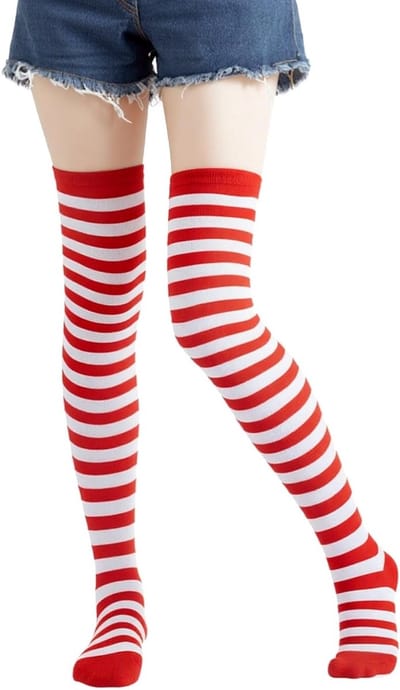 Overknee Kousen voor Vrouwen in Rood en Wit met Streepjes voor Cosplay en Feestkostuums, One Size