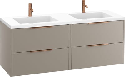 Saqu Lima badmeubel incl. dubbele glans witte wastafel 160x52x64cm mat greige – koperen greep