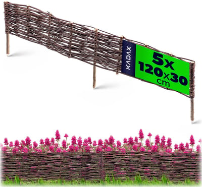 KADAX Palissade van wilgentenen, natuurlijk wilgenhek, handgemaakt wilgenvlechthek, tuinhek voor paden en bloembedden, omheining gazonrand (5 stuks 120 x 30 cm)