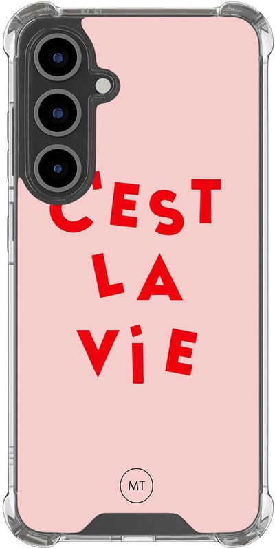 Hoesje (shockproof) geschikt voor Samsung Galaxy S24 FE - C'est la vie - Extra sterke case - TPU/polycarbonaat - Tekst - Roze, Transparant