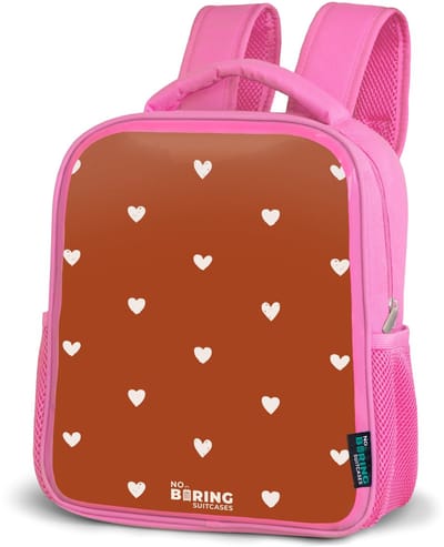 NoBoringSuitcases.com® - Rugzak roze - Schooltas meisjes - Wit hartjespatroon op oranje bruine achtergrond - Kinder rugtas meisje - Boekentas kind - Kinderrugzak voor school - Schoolrugzak