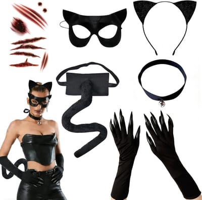 Zesdelige kattenkostuumset voor dames, zwarte catwoman outfit met accessoires voor Halloween, carnaval en cosplay feestjes