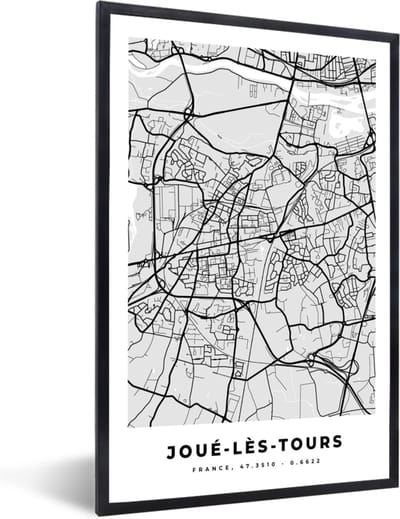 Fotolijst incl. Poster - Kaart – Stadskaart – Joué-lès-Tours - Plattegrond – Frankrijk - 40x60 cm - Posterlijst