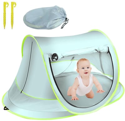 Unyqoos® Strandschelptent voor Baby's - UV50 Pop-up Zonnedorp, Draagbaar voor Strand, Reizen & Kampeerfaciliteiten, Blauw