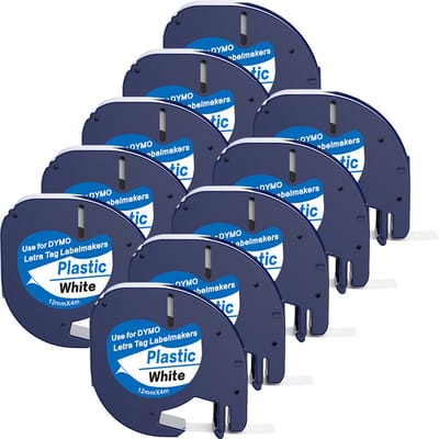 Boxstuff - Dymo LetraTag 91201 - S0721610 - Label Tape - Zwart op Wit plastic - 12 mm x 4 m - 10 Stuks
