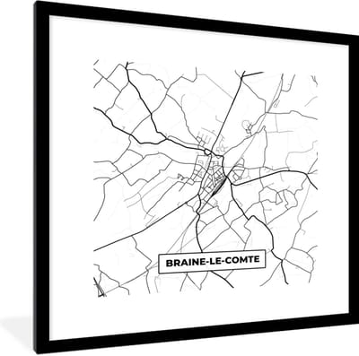 Fotolijst incl. Poster Zwart Wit- Stadskaart – Zwart Wit - Kaart – Braine le Comte – België – Plattegrond - 40x40 cm - Posterlijst