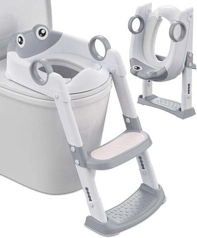 Toiletzitting met opstapje voor kinderen - Jongens Meisjes Hoogte Verstelbaar Opklapbaar - Spatwaterdicht Antislip Voetplaat - Wit Grijs Toiletbril voor kinderen