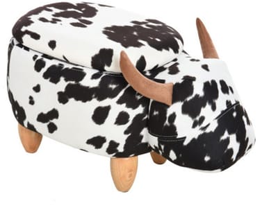 Opbergkruk Dierenvorm, Koe-vormige Decoratieve Kruk met Opbergruimte, Geschikt voor Woonkamer, Kinderkamer, Gang, 62x35x36 cm, Zwart-Wit, Hout