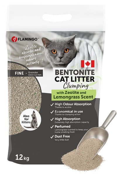 Flamingo Kattenbakvulling – klontvormende kattenbakvulling – Citroengrasgeur – 12L (12KG) voor 10 weken – groene zeoliet voor ultrasnelle geurbestrijding – ideaal voor 1 of meerdere katten – Premium Line
