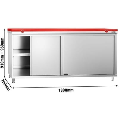 GGM Gastro Edelstahl Arbeitsschrank PREMIUM - 1800x700mm - mit Schiebetür - inkl. Schneideplatte Rot