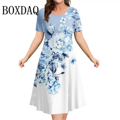 Nieuwe damesjurken met 3D-bloemenprintpatroon, korte mouwen, casual, mode, A-lijnjurk, zomerjurk, oversized vakantiejurken 2XL black