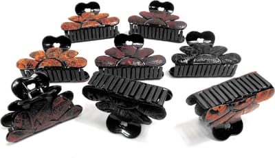 8 grote haarklemmen 8 cm met print 3x rood-zwart / 3x oranje-zwart / 2x zwart