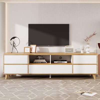 TV-kast - Laagboard - Wit en Houtkleuren - Landhuisstijl - Deuren en Vakjes