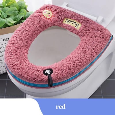 Housse de siège de toilette universelle Coussin de siège de toilette rond Salle de bain Velours Housse de siège de toilette Coussin Épais Chaud Lavable Fermeture éclair Mignon Soleil Rondelle de siège de toilette rouge
