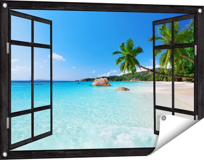 Gards Tuinposter Doorkijk Tropisch Strand en Zee - 90x60 cm - Tuindoek - Tuindecoratie - Wanddecoratie buiten - Tuinschilderij