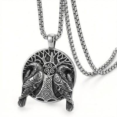 Zilverkleurige ketting met raven en levensboom hanger voor heren – Viking stijl – ronde symboolhanger – schakelketting