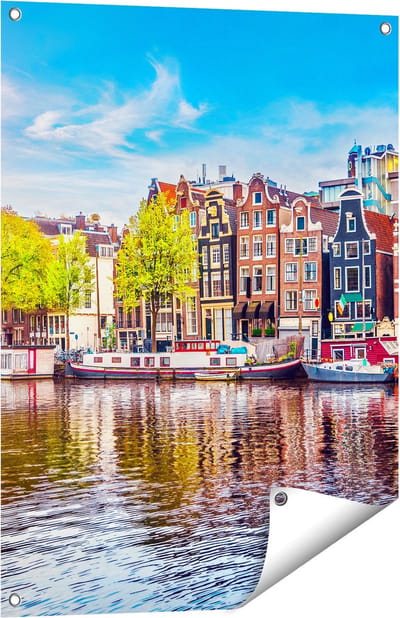 Gards Tuinposter Amsterdamse Huisjes aan het Water - 60x80 cm - Tuindoek - Tuindecoratie - Wanddecoratie buiten - Tuinschilderij