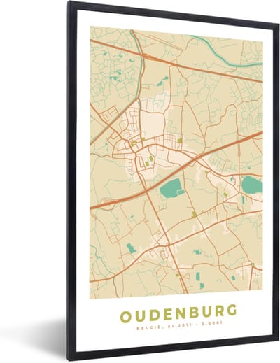 Fotolijst incl. Poster - Stadskaart - Oudenburg - Kaart - Plattegrond - België - 40x60 cm - Posterlijst
