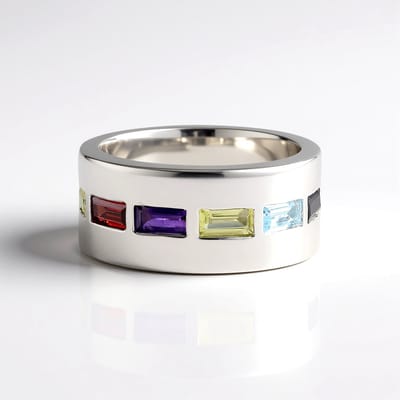 Cavill - Brede 925 Sterling Zilveren Ring - Platina Coating - 1,371 ct Zambia Amethist & Mozambikaanse Granaat - Luxe Edelstenen - Modern Design
