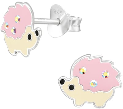 Joy|S - Zilveren egel oorbellen - 9 x 7 mm - creme roze met kristal - kinderoorbellen