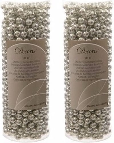 Decoris Kralenslinger - 4x stuks - zilver - 10 meter - kunststof - glans - kerstslinger - kerstversiering