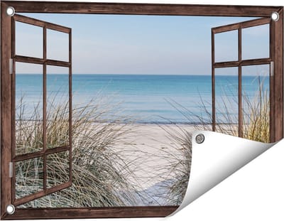 Gards Tuinposter Doorkijk Strand en Zee vanuit de Duinen - 60x40 cm - Tuindoek - Tuindecoratie - Wanddecoratie buiten - Tuinschilderij