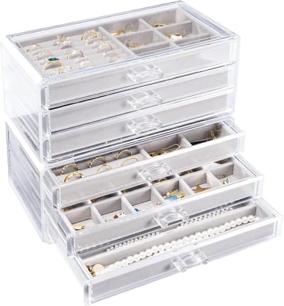 Oorbelhouder Organizer - Doorzichtige Sieradendoos met 6 Laden en Verstelbare Fluwelen Trays voor Vrouwen - Grijs