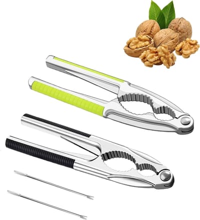 Set van 4 Notenkrakers met Zwarte en Groene Handgreep en 2 Notenprikkers voor Hazelnoten en Pinda's, Ideaal voor Keuken en Huishouden