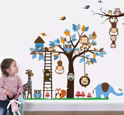 Jumada - Dieren in Boom Sticker - XL - Boom met Dieren - Kinderkamer - Slaapkamer - Muurdecoratie - Apen/Uilen/Giraffe/Olifant - Blauw