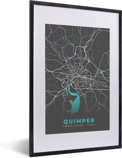 Fotolijst incl. Poster - Quimper - Frankrijk - Plattegrond - Kaart - Stadskaart - 40x60 cm - Posterlijst