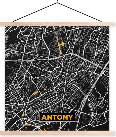 Posterhanger incl. Poster 40x40 cm - Schoolplaat - Plattegrond - Antony - Stadskaart - Frankrijk - Kaart - Textielposter - Blanke latten - Stadskaart
