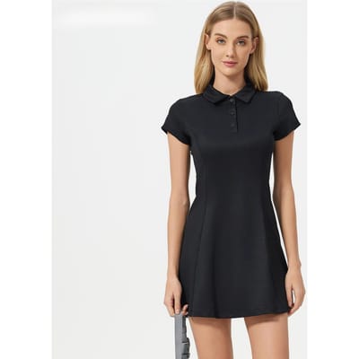 Zomer Korte Mouw POLO Shirt Kraag Sport Jurk voor Dames met Taille Verslankend Fitness Yoga Tennis Rok 2XL black