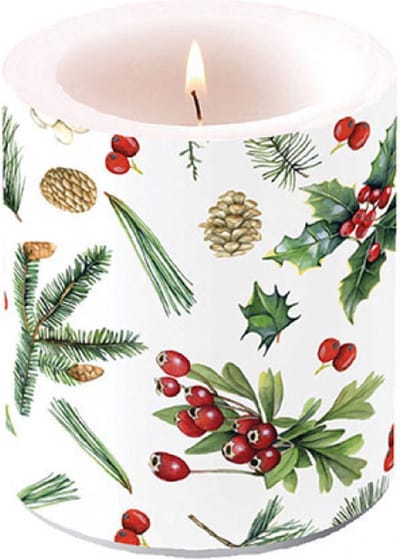 kaars - medium - wintergroen - wit - winter greenery - Ambiente - kerst - winter - kado - cadeau