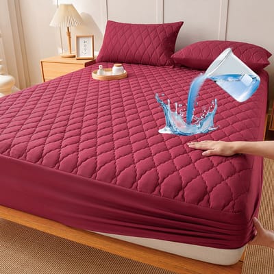 Waterdichte matrashoes en kussensloopset, matrasbeschermer, waterdicht TPU-membraan, eenvoudig te installeren, ademend en elastisch, zacht en comfortabel, wasbaar,Wijnrood,90x200cm