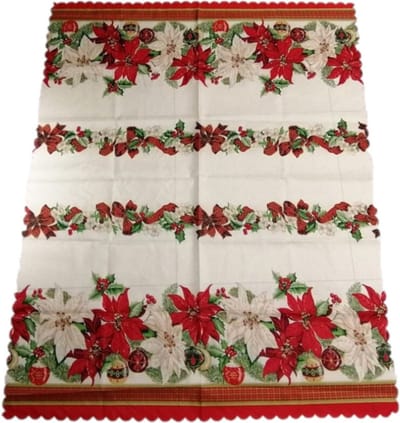 Kerst thema print tafelkleed van 150 x 250 cm - Kerstbloemen print in de kleuren ecru/groen/rood - Materiaal: polyester
