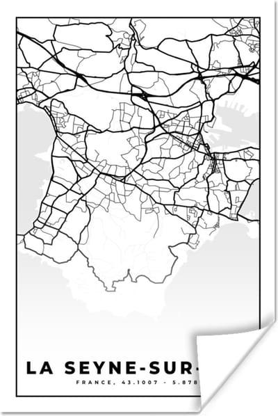 Poster Plattegrond - La Seyne-sur-Mer - Kaart - Frankrijk - Stadskaart - Zwart wit - 120x180 cm XXL