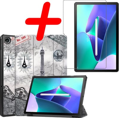 Hoesje Geschikt voor Lenovo Tab M10 Plus (3e / 3rd Generatie) - Met Screenprotector - Trifold Bookcase - Hard Cover - Hardcover Book Case - Tablet Hoes - Eiffeltoren