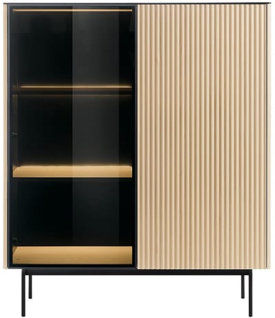 Vente-unique Vitrinekast 2 deuren met leds in MDF en gerookt glas - H. 127 cm - Licht naturel en Zwart - SAYERA