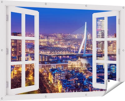 Gards Tuinposter Doorkijk Rotterdamse Skyline met de Erasmusbrug - 150x100 cm - Tuindoek - Tuindecoratie - Wanddecoratie buiten - Tuinschilderij