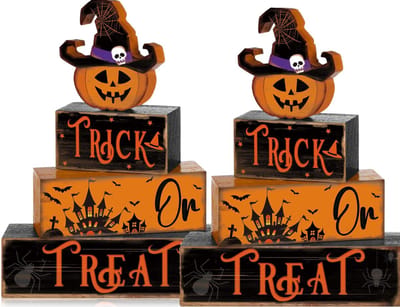 Tafeldecoratie - 8 houten decoratieve figuren - Houten blokken in de vorm van een pompoenschedelkasteel - Trick or Treat - Halloween-tafeldecoraties - Feestversieringen in boerderijstijl - Bord voor een keukenplank in thuiskantoorstijl