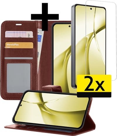 Hoesje - Met 2x Screenprotector - Geschikt voor OnePlus Nord CE4 - Luxe Pasjeshouder - Bookcase Portemonee - Flip Case - Kunstleer Book Case - Flipcase Hoes - Book Cover - Walletcase - Portemonneehoes - Telefoonhoesjes - Bruin