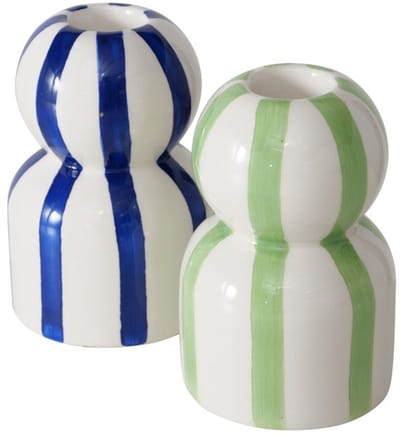 Boltze - Kaarsenhouder - Kandelaar - Set van 2 - Keramiek - Stripe - Wit/ Blauw en Wit/Groen - 6.2x10cm