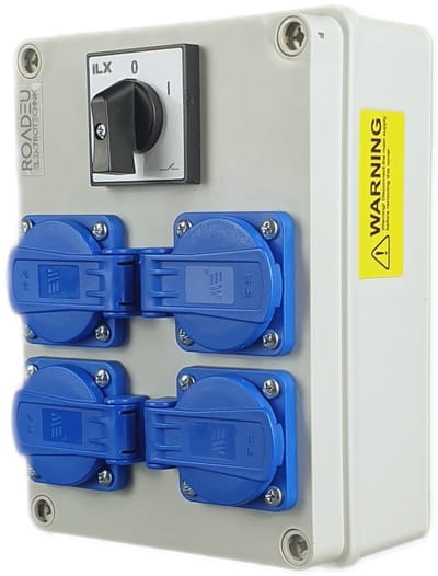 Verdeelblok met Hoofdschakelaar - 4x 230V Schuko Stopcontacten - IP44 Opbouw Buiten | Werkplaats en Garage