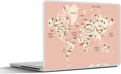 Laptop sticker - 12.3 inch - Wereldkaart - Kinderkamer - Dino's - Meisjes - Kinderen - Roze - 30x22cm - Laptopstickers - Laptop skin - Cover