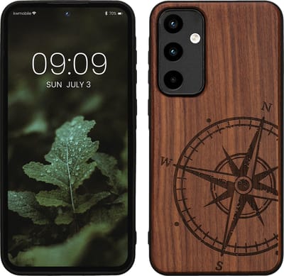 kwmobile telefoonhoesje geschikt voorSamsung Galaxy A55 5G - Hoesje met bumper - hout - In donkerbruin Vintage Kompas design
